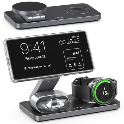 3 in 1 Foldable Magnetic Wireless Charging Station for Samsung, Wireless Charger Stand for Galaxy S26 Ultra S25/S24 /Note 20/Flip 7/Fold 7, for Galaxy Watch Ultra/8/7/6,Galaxy Buds 3/3 Pro - color: Black