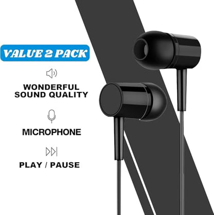 2 Packs Wired Earbuds with Microphone & Volume Control, in-Ear 3.5mm Jack Stereo Sound, Noise-Isolating Earphones for Music,Universal Compatibility for Most Devices, Black & White