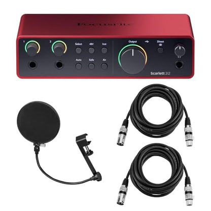 Focusrite Scarlett 2i2 4th Gen USB Audio Interface with Software Suite, Bundle With H&A Pop Filter, 2x XLR M to F Cable 10'