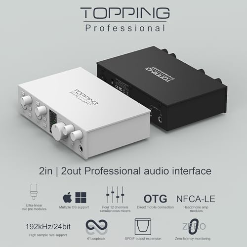 TOPPING E2x2 OTG USB Audio Interface - Ultra-Linear Preamp & Powerful Headphone Amp,Optical Output, Dual Mobile Streaming, Zero-Latency, 192kHz/24bit Recording, PC/Mobile Compatible(White)