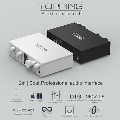 TOPPING E2x2 OTG USB Audio Interface - Ultra-Linear Preamp & Powerful Headphone Amp,Optical Output, Dual Mobile Streaming, Zero-Latency, 192kHz/24bit Recording, PC/Mobile Compatible(White)