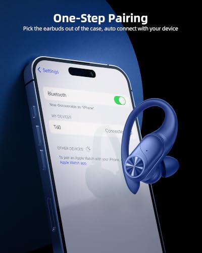 PocBuds Bluetooth Headphones Wireless Earbuds 80hrs Playtime Wireless Charging Case Digital Display Sports Ear Buds with Earhook Deep Bass IPX7 Waterproof Over-Ear Earphones for TV Phone Laptop Navy - color: Navy, style: Standard