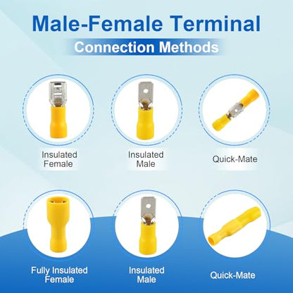 Baomain 1/4" Female Quick Disconnect Spade Terminals,Insulated Crimp Connectors 12-10 AWG 6.3mm (0.25 inch),Yellow, (100-Pack)