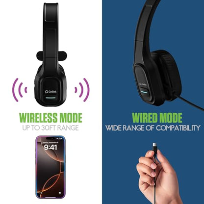 Cellet Overhead Boom Mic Wireless Headset with Noise Cancelling, Echo Reduction, 34H Talk Time, 30ft Range – Adjustable Headband, All-Day Comfort