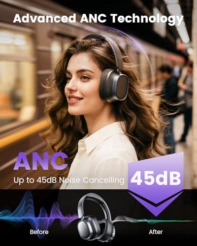 Active Noise Cancelling Headphones,78H Over Ear Headset | Bluetooth 6.0,Hi-Res,Low Latency,Foldable Bluetooth Headphones,Ideal for Travel,Workout,Office,Cellphone PC,Deep Black - color: Deep Black
