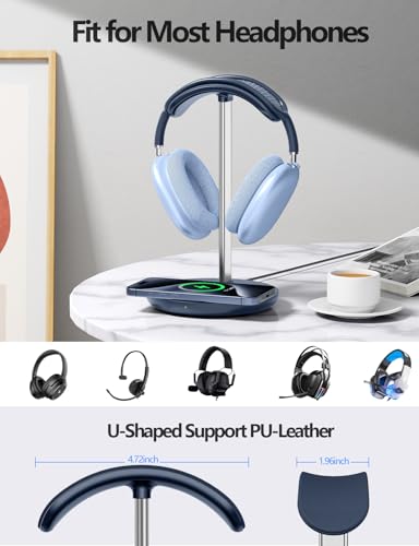 Miroddi Headphone Stand with Wireless Charger, Independent USB Charging Port, 5 in 1 Charging Station Headset Holder Rack for iWatch, iPhone, Samsung and Desk All Headphones, Dark Blue - color: Dark Blue