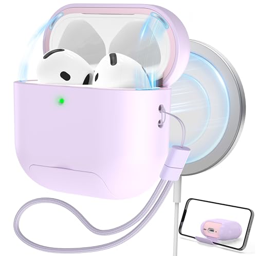 RFUNGUANGO AirPods 4 Case with Magnetic Lid Phone Stand, Purple | Compatible with AirPods Pro 4th Generation, Wireless Charging Compatible with Cleaning Kit & Lanyard - color: WCW-Purple, size: AirPods 4 Case