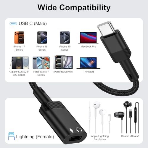 USB C to Lightning Headphone Audio Adapter for iPhone 17e 17 Air Pro Max Air 16 15 Plus,USB C Male to Lightning Female Ear Buds Adapter Dongle Converter for Samsung Galaxy S26 Ultra S26+ (NO Charge) - color: Black