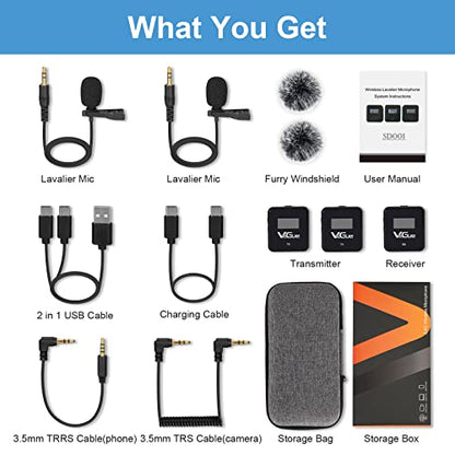 VeGue Wireless Lavalier Microphone System, 2.4GHz Dual Channel Wireless Lapel Mic with Noise Cancellation for DSLR Cameras, Camcorders and Phones, Lavalier Mic for TikTok, Interview and Recording