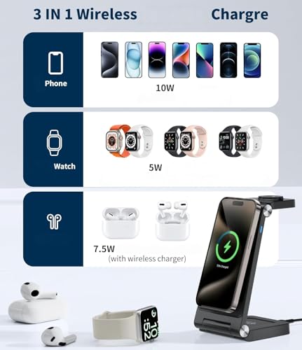 Magnetic Wireless Charging Station, 3 in 1 Fast Max Charging for iPhone 17 16 15 14 13 12 Pro Max Plus, Apple Watch, Air Pods Pro - Space-Saving Multi-Device Stand (Black)