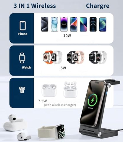 Magnetic Wireless Charging Station, 3 in 1 Fast Max Charging for iPhone 17 16 15 14 13 12 Pro Max Plus, Apple Watch, Air Pods Pro - Space-Saving Multi-Device Stand (Black)