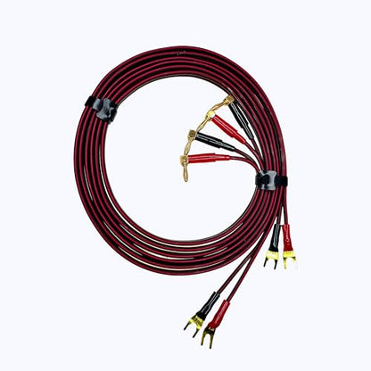 13 AWG OFC Braided Speaker Cable 6ft 2-Pack, 90 Degree Angled Gold Plated Banana Plug to Spade, for Audiophile Bookshelf Floor-Standing Speaker, Amplifier AV Receiver Home Theater Stereo System