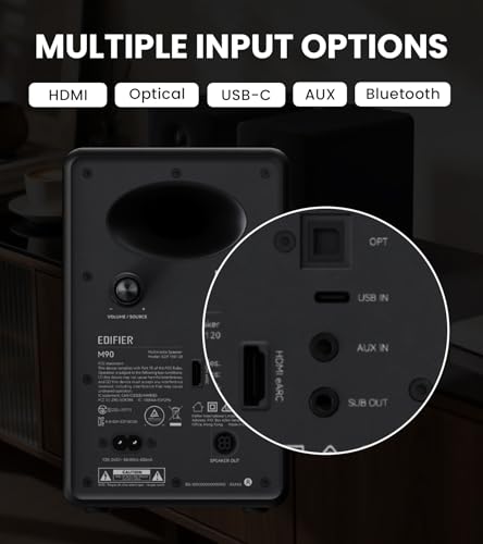 Edifier M90 Computer Speakers, 100W RMS Desktop Speakers, Black | Hi-Res Audio with LDAC, Bluetooth 6.0 Compact Speaker, HDMI eARC/Optical/USB-C/AUX Inputs, SUB Out, Remote Control for TV/PC - color: Black