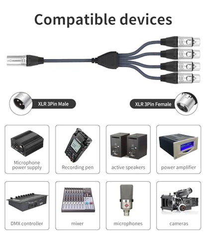 3Pin XLR 1 Male to 4 Female Splitter Cable 2Feet,4WAY XLR Four-Input and one-Output Parallel Connection Adapter,4 Microphone inputs Converted to 1 Output,4 in to 1 Out Aduio Splitter Cable - color: XLR 4F TO 1M-2FT