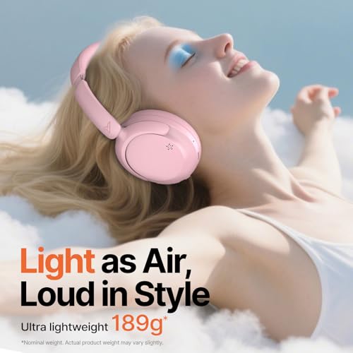 VOKALEN Hyper GO Wireless Over-Ear Noise Cancelling Headphones with Mic, 60H Playtime, Bluetooth Headphones, Hi Res Audio, Deep360 Spatial Audio, Ultra-Lightweight for Travel, Work, Study (Pink) - color: Pink