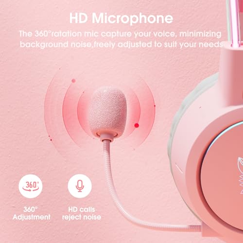 Lightweight Gaming Headset, RGB Lighting, Wired Over Ear Headphones with Mic for PC, PS4, PS5, Xbox, Switch, Stereo Surround Sound, Self-Adjusting Headband, Pink Deer Ear - color: Pink Deer Ear