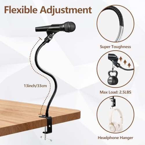 2 In 1 Gooseneck Mic Stand with Phone Clip, 13 Inch Flexible Mic Arm Desk Mount for Podium, Lecture, Podcast, Studio, Microphone Holder Compatible with Shure SM58, Beta 58A, Samson Q2U