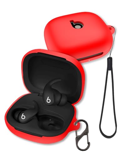 Case for Beats Powerbeats Fit Earbuds 2025 (Red) | Soft Silicone Protective Cover with Carabiner and Lanyard, Shockproof - color: Red
