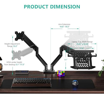 WALI Laptop Desk Mount, Dual Monitor Arm with Laptop Holder, Adjustable Height Laptop Arm Mount for Desk, Fits 17” Notebook and 32” Monitors, Up to 22Lbs (GSMP002LP), Black | Dual Monitor Arm with Laptop Holder, Adjustable Height Laptop Arm mount for Desk