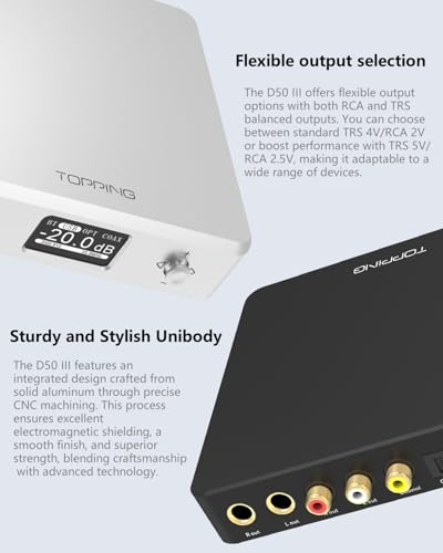 TOPPING D50 III Desktop HiFi DAC & Preamplifier, Dual ES9039Q2M, Bluetooth 5.1, Hi-Res Audio, DSD512/PCM768kHz Support, RCA/TRS Outputs, Includes 12V Trigger and Remote Control (Silver) - color: Silver