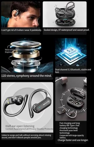 Wireless Earbuds with Ear Hooks Bluetooth Headphones with Earhook,ENC Noise Cancelling Mic,60Hrs Playtime,IPX7 Waterproof,9D Stereo Sound,Power Display,Bass in Ear Earphones for Running Workout,Black - color: Black