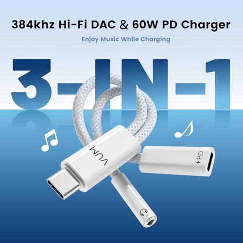 VUM 3-in-1 USB-C to 3.5mm Headphone Jack with PD 60W Charging Audio Adapter
