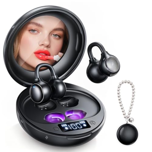 Open Ear Clip On Earbuds Wireless Headphones with Mirror(Black) - color: Black