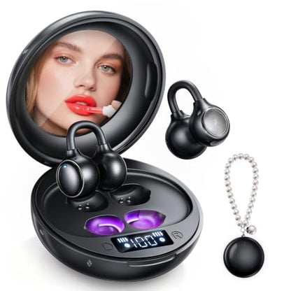 Open Ear Clip On Earbuds Wireless Headphones with Mirror(Black) - color: Black