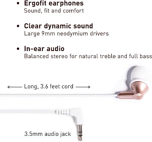Panasonic ErgoFit Wired Earbuds, In-Ear Headphones with Dynamic Crystal-Clear Sound and Ergonomic Custom-Fit Earpieces (S/M/L), 3.5mm Jack for Phones and Laptops, No Mic - RP-HJE120-N (Rose Gold) - color: Rose Gold, style: No Mic