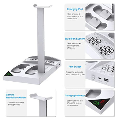 Cooling Fan with Charging Stand for Xbox Series S Console and Controller | Dual Charger Dock Accessories with 2 x 1400mAh Rechargeable Battery and Cover, Headphone Mount for Xbox Series S, White - color: White
