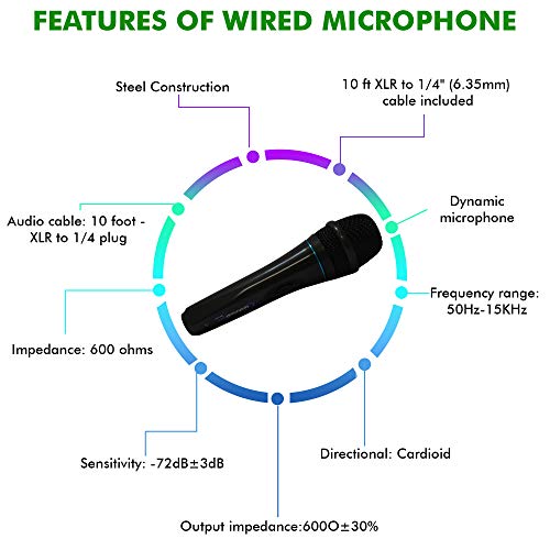 Technical Pro 8 Inch Portable 800 W Bluetooth Speaker w/Woofer & Tweeter | Portable Microphone w/Digital Processing, Wired Mic Included, XLR to 1/4", Black Karaoke DJ Wired Microphone - style: Speaker With Mic (Black)