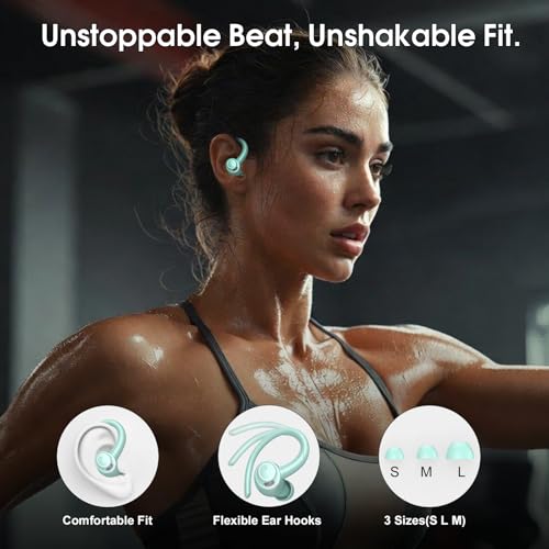 Wireless Earbuds with Earhook, 48H Deep Bass/ENC Mic Ear Buds Misty Blue | Wireless Earphone with LED Display, Bluetooth 5.3 Headphones In Ear, IPX7 Waterproof Over Ear Buds for Running/Workout - color: Misty Blue
