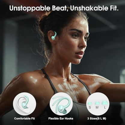 Wireless Earbuds with Earhook, 48H Deep Bass/ENC Mic Ear Buds Misty Blue | Wireless Earphone with LED Display, Bluetooth 5.3 Headphones In Ear, IPX7 Waterproof Over Ear Buds for Running/Workout - color: Misty Blue