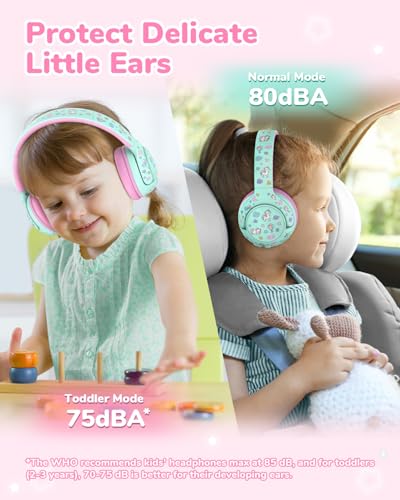 iClever BTH27 Toddler Headphones for 2+ Year Old Baby Kids Travel Study | SafeSound Tech3.0, 74H Playtime, Bluetooth 5.4, BPA Free, Aux, Soft Baby Headphones, Easy Operation, Adjustable, Green/Pink - color: Green/Pink