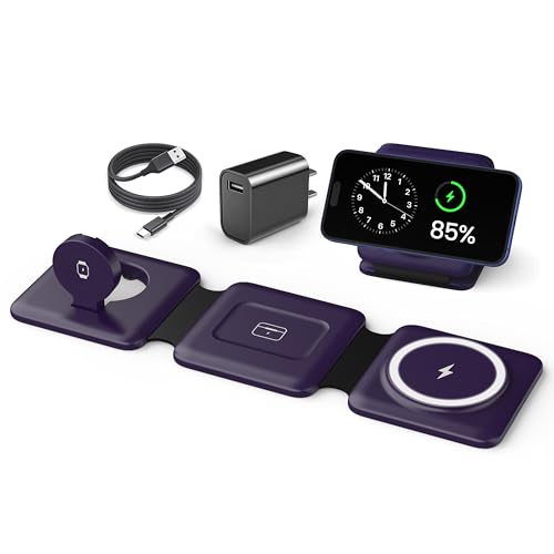 Iseyyox Charging Station for Mag Safe Apple - 3 in 1 Magnetic Foldable Wireless Charger Pad - Travel Charging Mat for iPhone 17 16 15 14 13 12 Pro Max Plus Watch & Airpods - color: Deep-purple