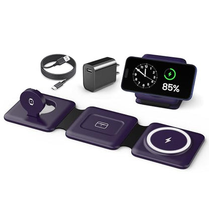Iseyyox Charging Station for Mag Safe Apple - 3 in 1 Magnetic Foldable Wireless Charger Pad - Travel Charging Mat for iPhone 17 16 15 14 13 12 Pro Max Plus Watch & Airpods - color: Deep-purple