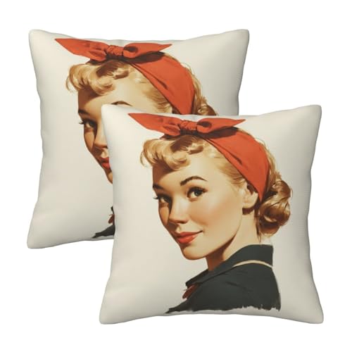 Retro Woman Red Headband Big Bow On Head Throw Pillows Covers, Couch Sofa Pillow Cases,Zipper Bedding Cushion Cases for Living Room,18x18 Inch