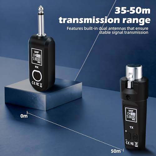 Ease of Use 2.4GHz Professional Wireless XLR Microphone System - 1 Receiver & 2 Transmitters, for Dynamic Mic, Audio Mixer, Electric Guitar & Bass