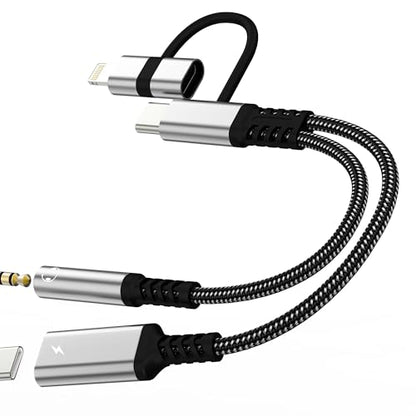 3.5mm to USB C Adapter(2in2) for iPhone 17 16 15 14 13 Lightning to Aux Audio Headphone Jack Cable Splitter Dongle Charger Cord Car Charging for Ipad Dual Lighting DAC Compatible for Samsung