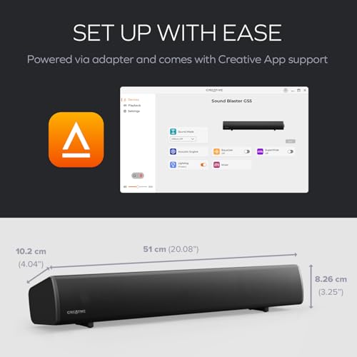 Sound Blaster GS5 Compact RGB Gaming Soundbar, For TV and PC, Black | RGB Gaming Soundbar, Bluetooth, USB-C, SuperWide, Desktop Audio, TV, PC, Immersive Sound