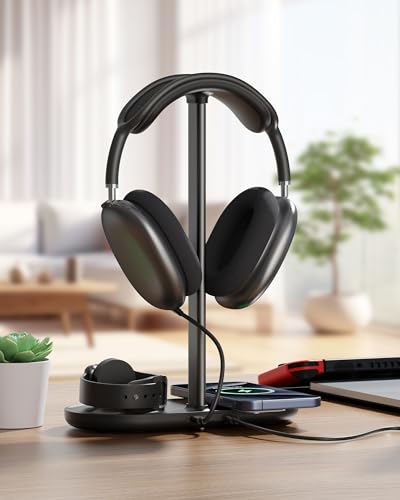 HiWe Headphone Stand, 2-in-1 MagSafe Wireless Charger for iPhone/iWatch | Headset Holder for All Headphones, Aluminum Alloy Bar, ABS Solid Base, PU Headrest, Table Desk Organizer - color: Black