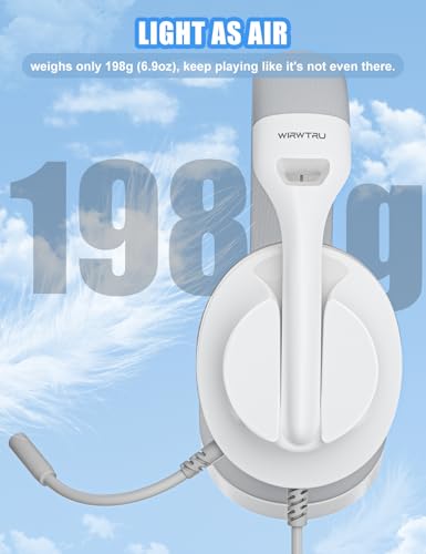 WIRWTRU Wired Gaming Headset for PS5, Xbox, Xbox Series X|S, PC, PS4 | 198g Lightweight Design, Noise Cancelling Microphone, Soft Earmuffs, 3.5mm Jack for Gaming & Work - color: White&Grey