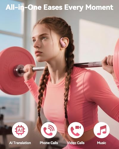 PocBuds Bluetooth Headphones Wireless Earbuds 80hrs Playtime Wireless Charging Case Digital Display Sports Ear Buds with Earhook Deep Bass IPX7 Waterproof Over-Ear Earphones for TV Phone Laptop Pink - color: Pink, style: AI Buds Pro