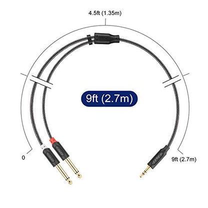 J&D 3.5mm TRS to Dual 6.35mm TS Breakout Cable, Gold Plated Audiowave Series 1/8 to Dual 1/4 Stereo Cable Splitter with Nylon Braid Compatible with PC, Computer Sound Card, Mixer, Speaker, 9 Feet - size: 9 Feet
