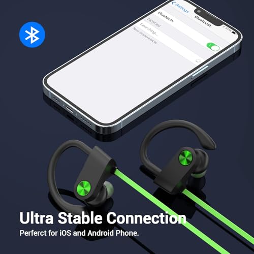 Bluetooth 5.3 Headphones, Wireless Sports In-Ear Earbuds IPX7 Waterproof | 16 Hours Playtime, Sweatproof Stereo Earphones with MIC, Noise Cancelling Headsets for Gym Running Workout, Clear Sound - color: Green