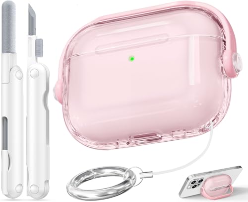 Case for Apple Airpods Pro 3 (Clear Pink) | with Safety Lock, Phone Holder Function, High-Transparency TPU Material, with Portable Hook, Multifunctional Cleaning Tool - color: A-Clear Pink, size: Airpods Pro 3 (2025)