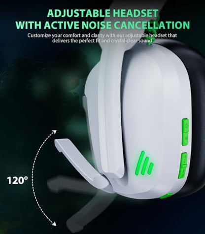 Vakedy PS5, PS4, PC, 스위치, 2.4GHz USB 및 BT 5.4용 무선 게이밍 헤드셋 | 노이즈 캔슬링 마이크, 무손실 오디오-50H 배트, PS4, 맥 및 모바일과 함께 작동, 포트나이트 및 콜 오브 듀티에 이상적, 화이트 - color: 화이트/블랙.