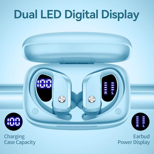 bmani Ear Buds Wireless Earbuds Bluetooth Headphones with 80H Playtime LED Display Case, Over-Ear Hook with Mic, Stereo Sound, Easy Button Controls, Sports Earphones for Running Workout Sky Blue - color: Sky Blue, style: Standard
