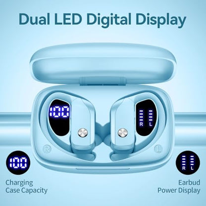 bmani Ear Buds Wireless Earbuds Bluetooth Headphones with 80H Playtime LED Display Case, Over-Ear Hook with Mic, Stereo Sound, Easy Button Controls, Sports Earphones for Running Workout Sky Blue - color: Sky Blue, style: Standard