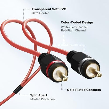 2 to 4 Channel Male RCA Car Audio Cable 15 Ft, Bi-Directional Y Splitter RCA Adapter Interconnect Cord, OFC Shielded Gold-Plated for Hi-Fi Systems, Home Theater, Car Stereo, Amplifiers, Speakers-Brown - size: 15FT
